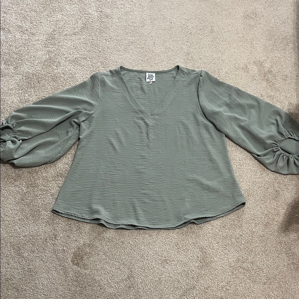 V-Neck Sage Green Blouse with Balloon Sleeves
